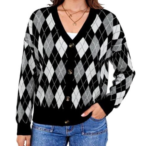 Women’s V-Neck Long Sleeve Open Front Chunky Knit Cardigan Black White & Grey - Picture 1 of 6